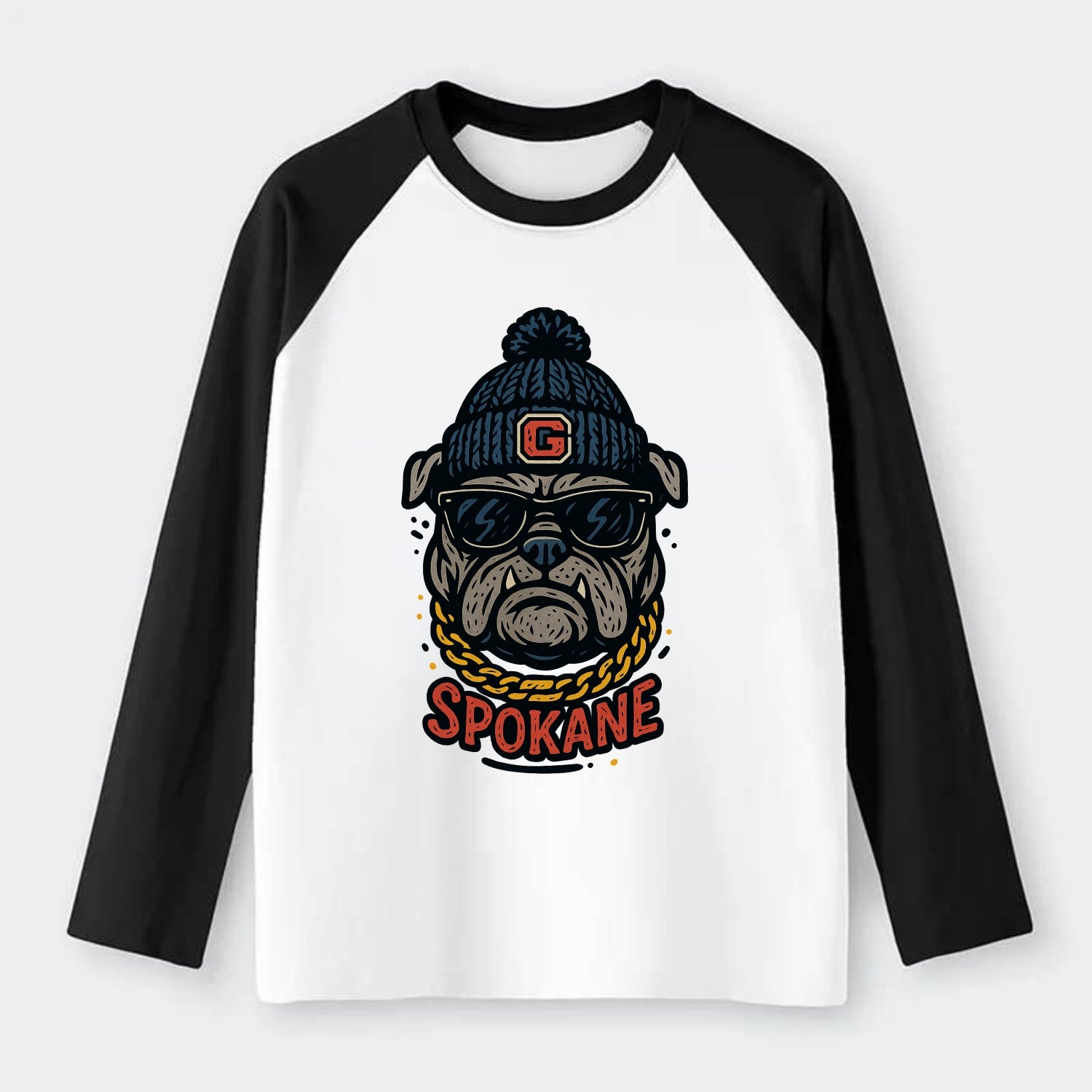 Spokane Bulldog wearing Gonzaga beanie with G patch - Raglan Long Sleeve T-Shirt - Black