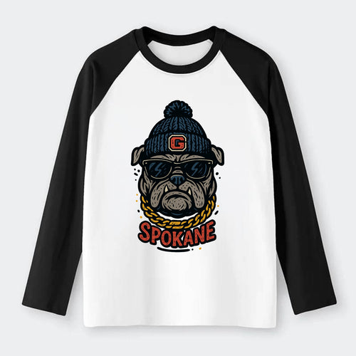 Spokane Bulldog wearing Gonzaga beanie with G patch - Raglan Long Sleeve T-Shirt
