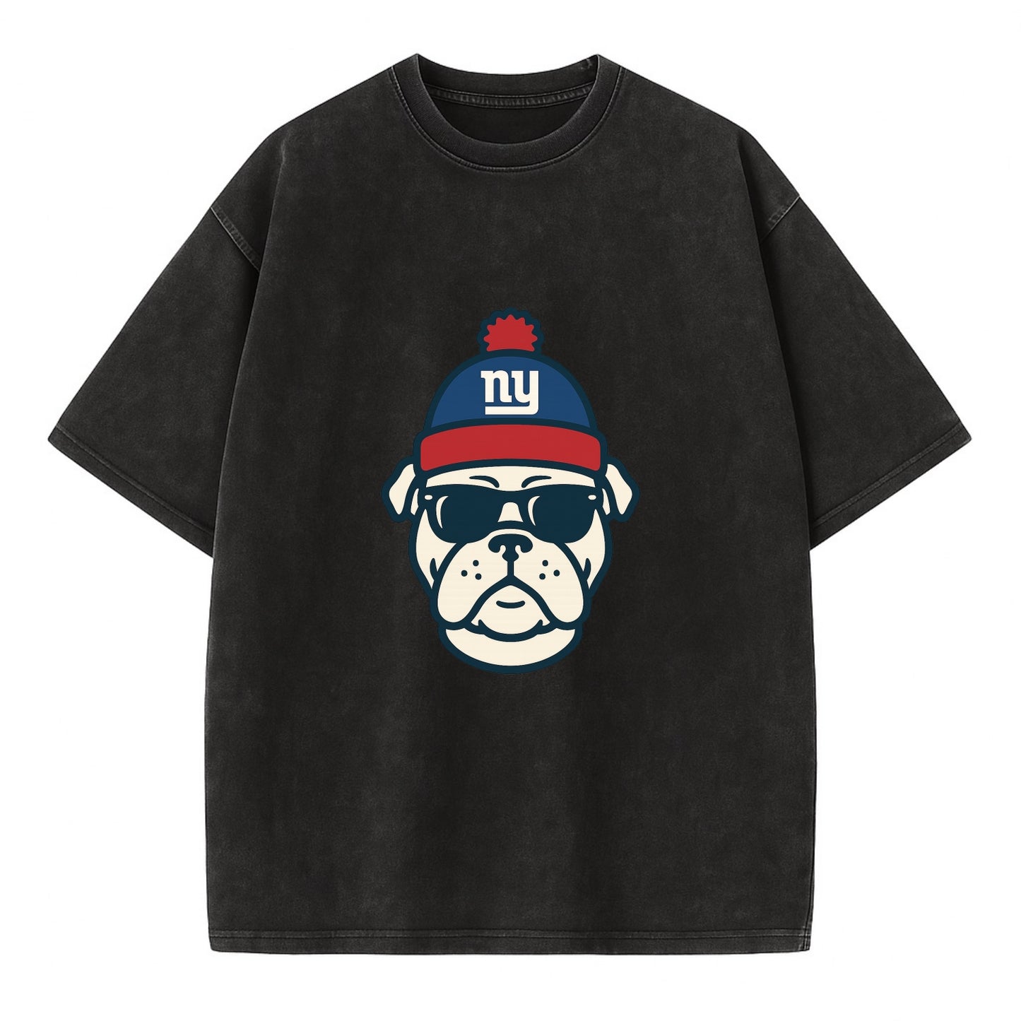 New York Bulldog wearing Giants blue and red beanie with pom pom and wayfarer - Vintage T-shirt - Black