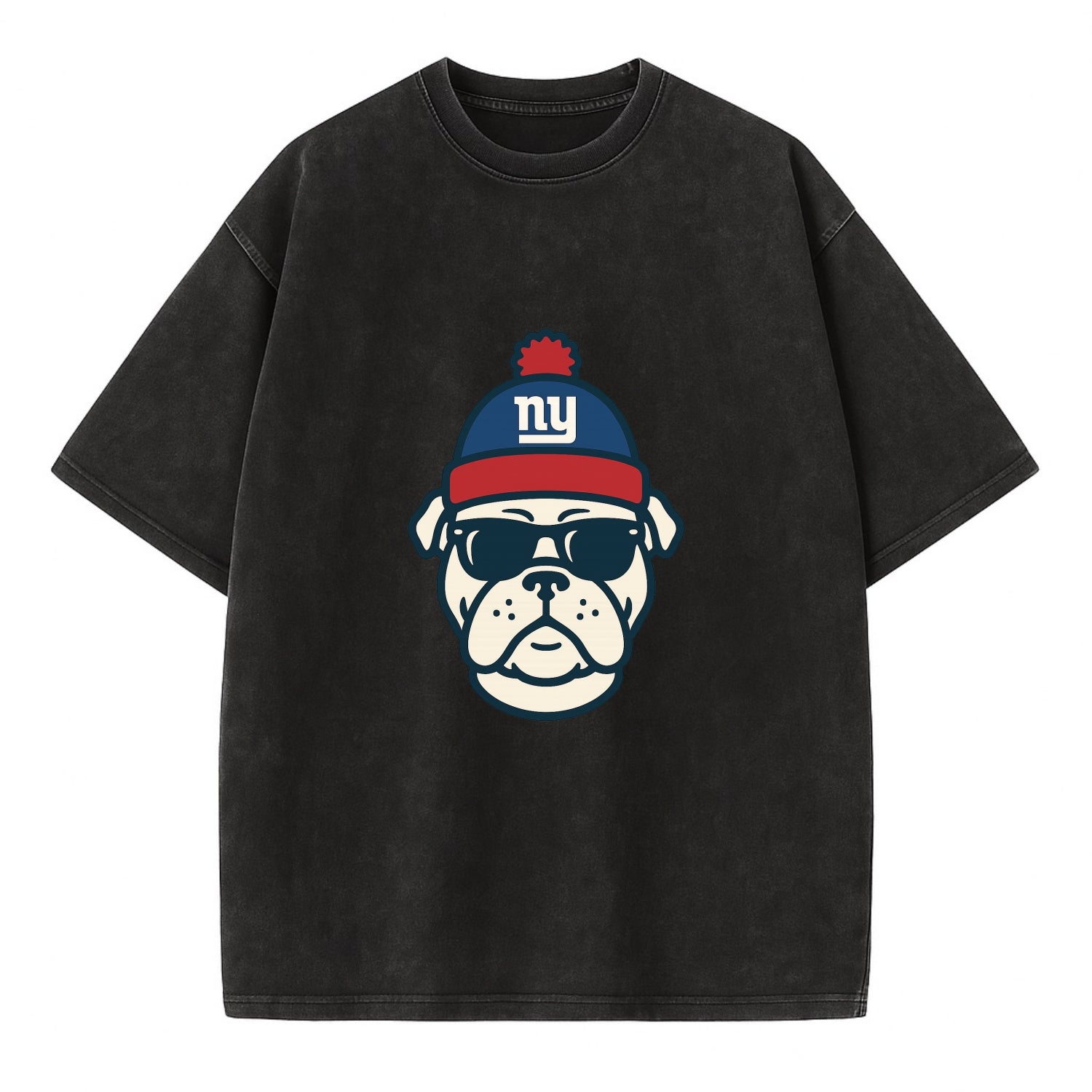 New York Bulldog wearing Giants blue and red beanie with pom pom and wayfarer - Vintage T-shirt - Black