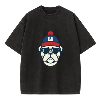 New York Bulldog wearing Giants blue and red beanie with pom pom and wayfarer - Vintage T-shirt - Black