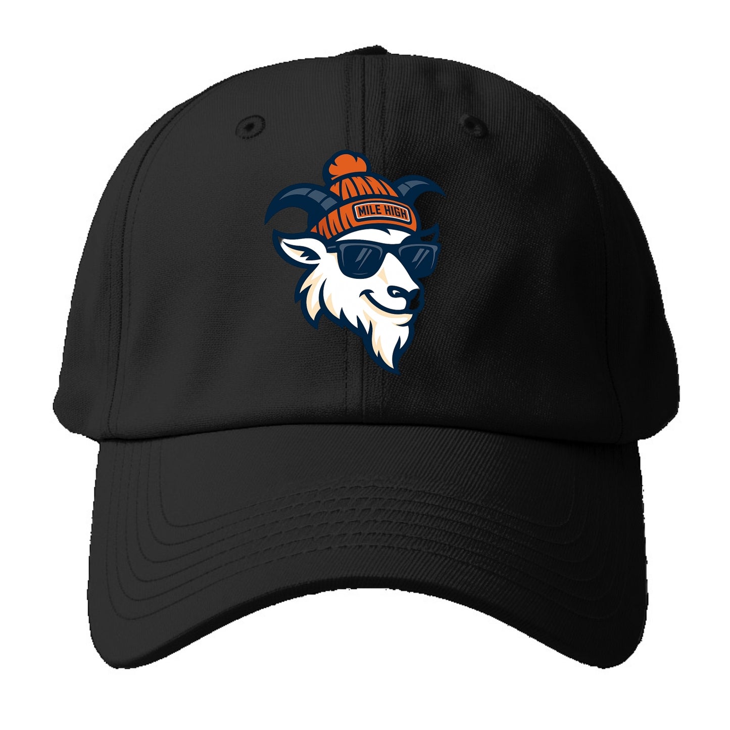 Denver Mountain Goat wearing Broncos beanie with Mile High patch and - Baseball Cap For Big Heads - Black