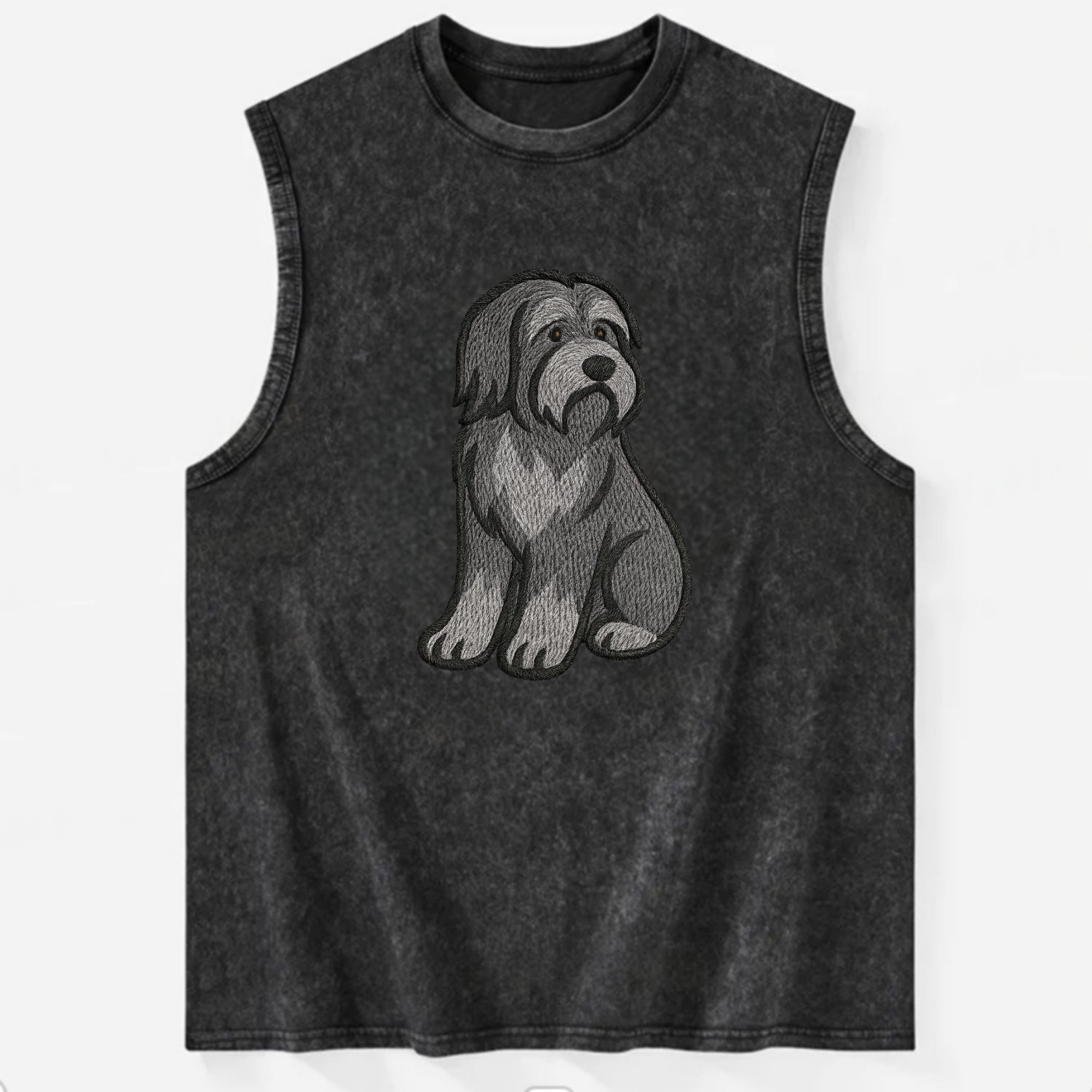 Bearded Collie - Gray shaggy coat embroidered pose - Vintage Washed Tank - Black