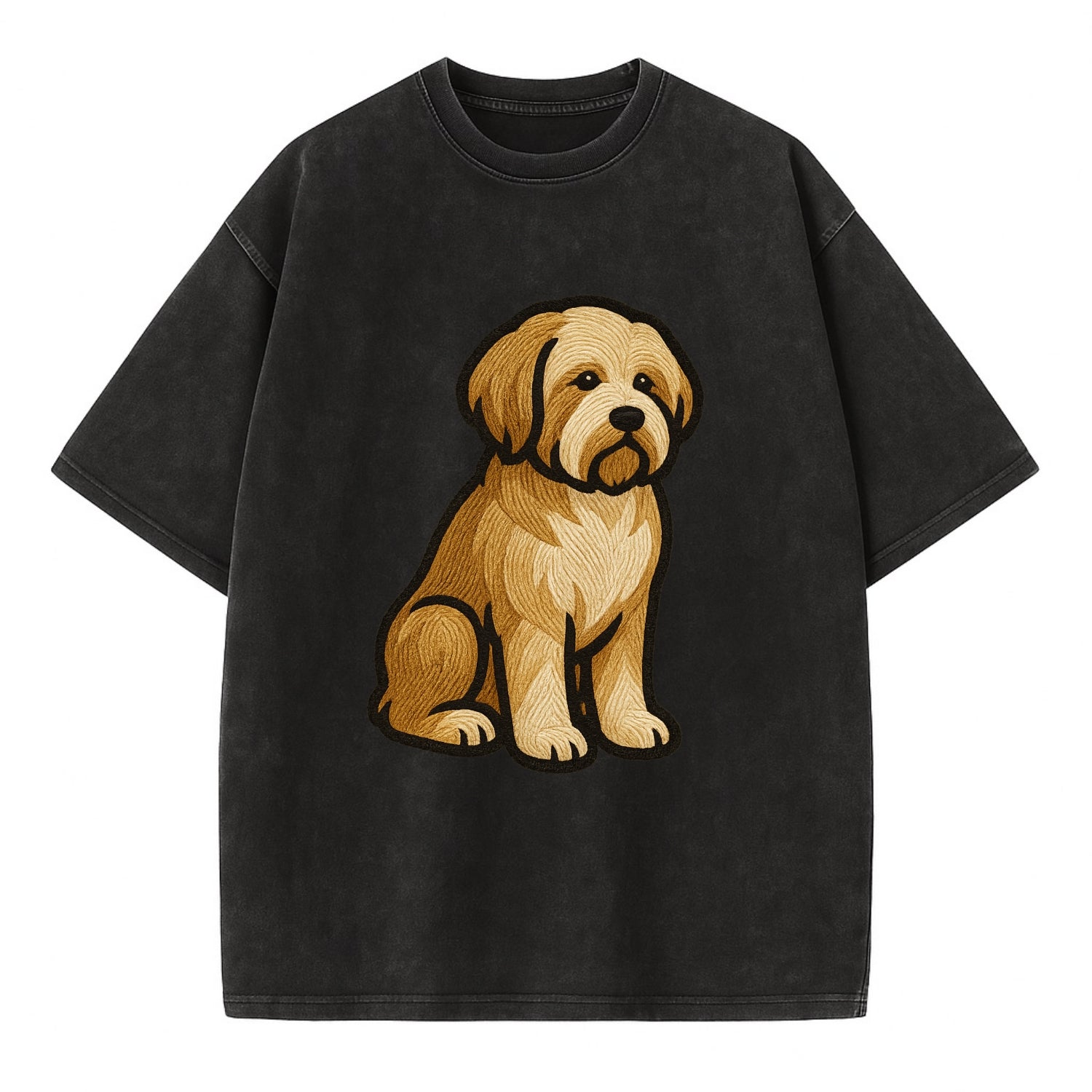 Tibetan Terrier - Gold and white embroidered sitting pose - Vintage T-shirt - Black