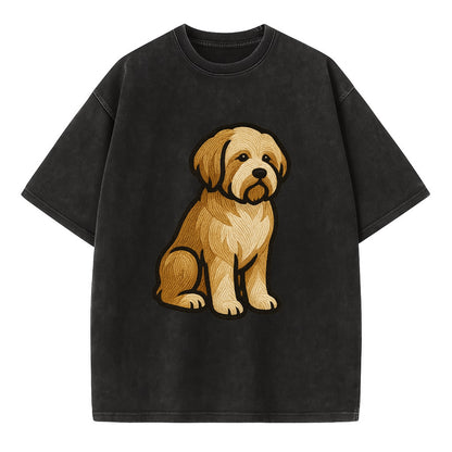 Tibetan Terrier - Gold and white embroidered sitting pose - Vintage T-shirt - Black