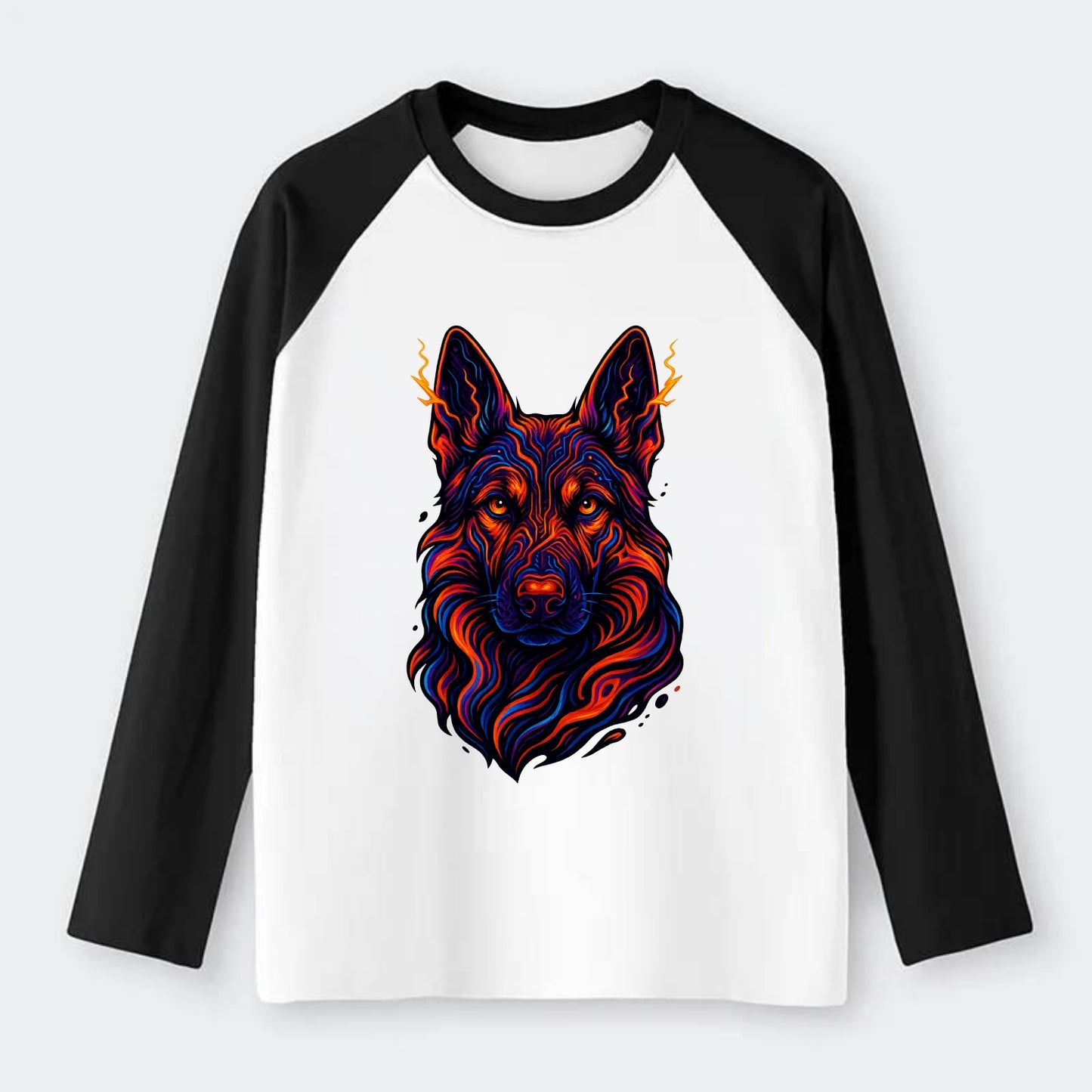 Alert German Shepherd with cyber circuit patterns in the fur, neon - Raglan Long Sleeve T-Shirt - Black