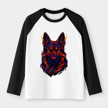 Alert German Shepherd with cyber circuit patterns in the fur, neon - Raglan Long Sleeve T-Shirt - Black
