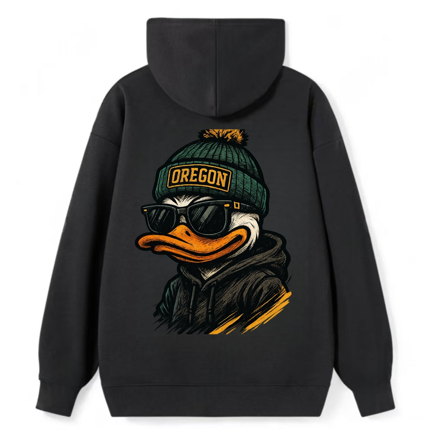 Eugene Duck wearing Oregon beanie with O patch - Classic Pullover Hoodie - Black
