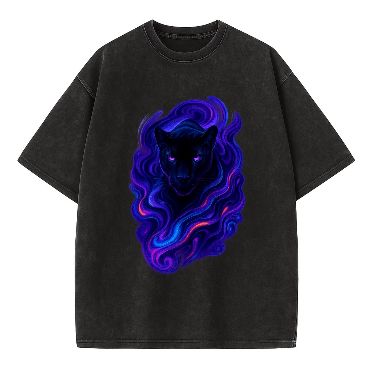 Sleek black panther emerging from swirls of deep purple and electric blue, - Vintage T-shirt - Black