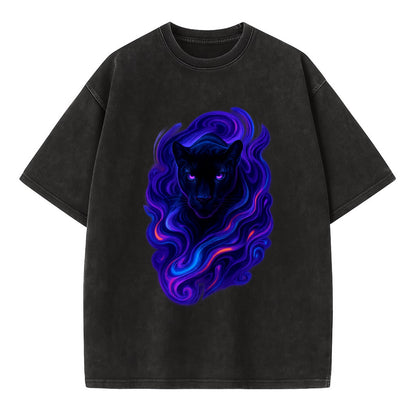 Sleek black panther emerging from swirls of deep purple and electric blue, - Vintage T-shirt - Black