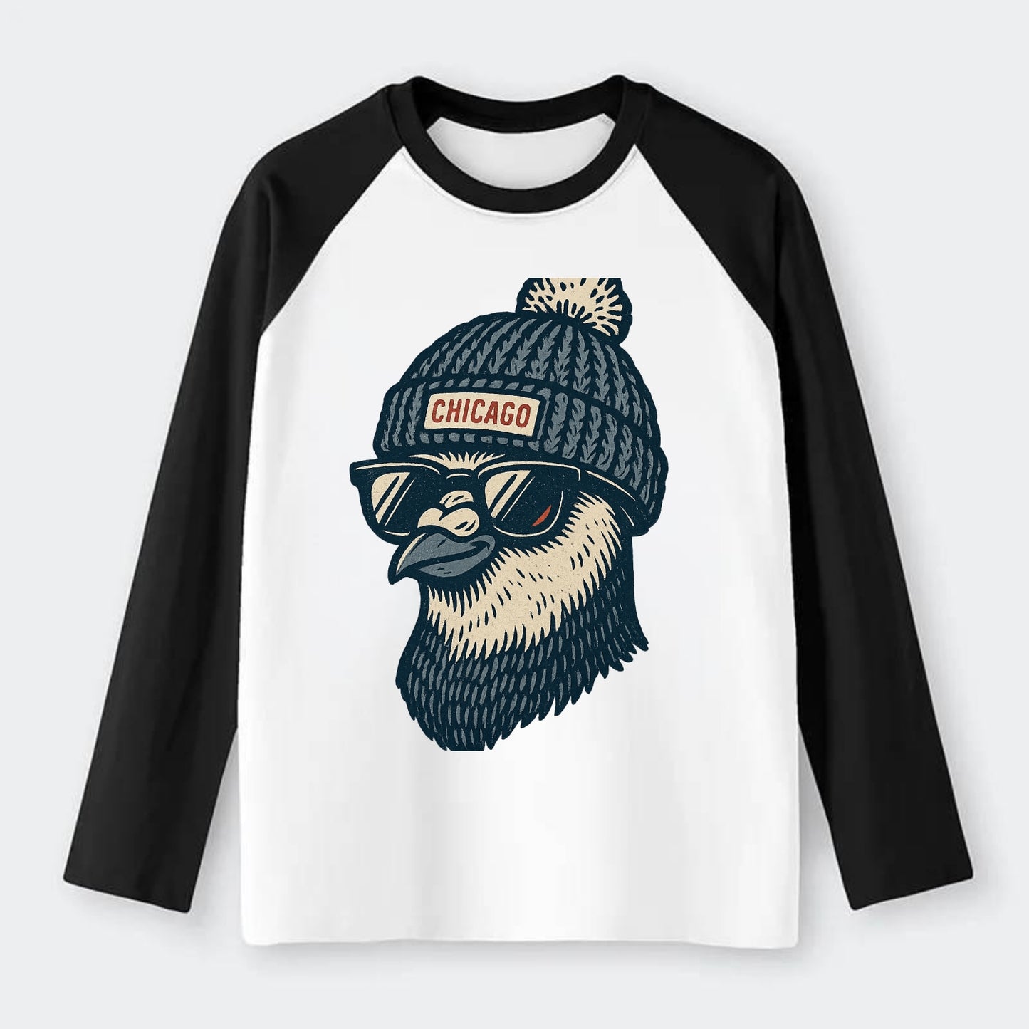 Chicago Pigeon wearing Chicago beanie with pom pom and wayfarer - Raglan Long Sleeve T-Shirt - Black