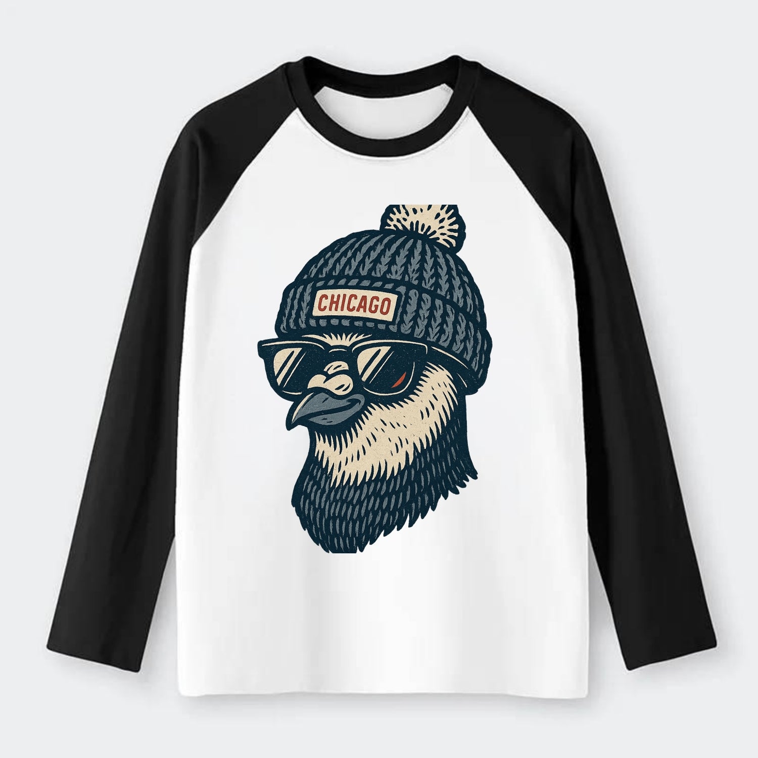 Chicago Pigeon wearing Chicago beanie with pom pom and wayfarer - Raglan Long Sleeve T-Shirt - Black