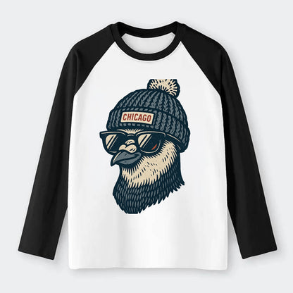 Chicago Pigeon wearing Chicago beanie with pom pom and wayfarer - Raglan Long Sleeve T-Shirt - Black