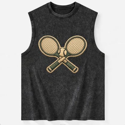 Embroidered patch design - TENNIS RACKET CROSSED - tennis rackets with ball - Vintage Washed Tank - Black