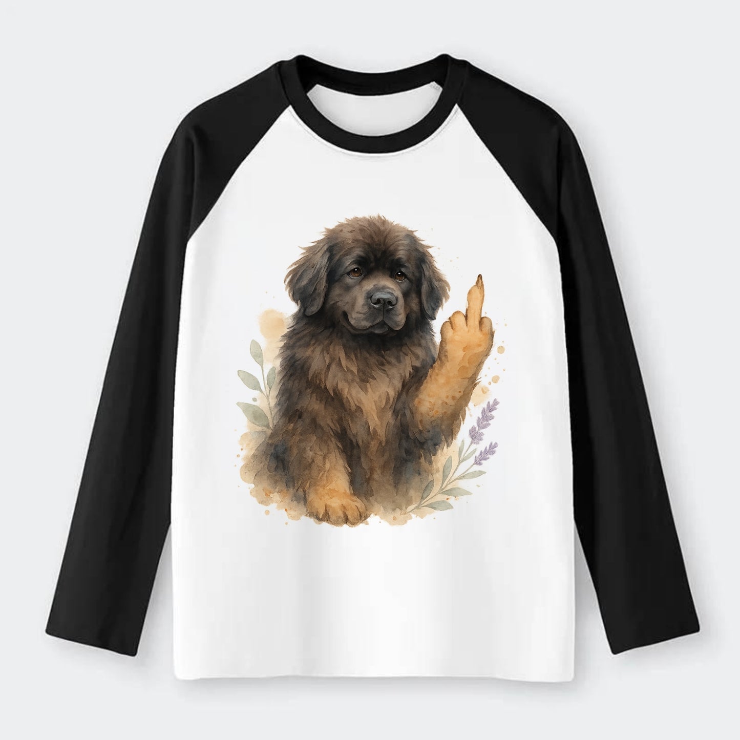 Newfoundland fluffy bear-like with webbed paws, massive gentle paw up - Raglan Long Sleeve T-Shirt - Black