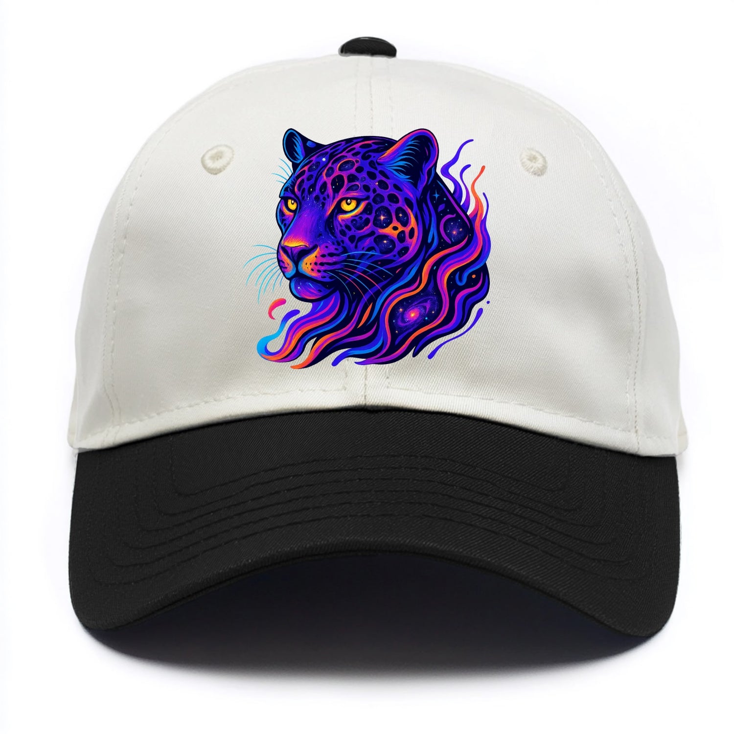 Powerful jaguar with rosettes containing miniature galaxies, cosmic purple and - Two Tone Cap - Black