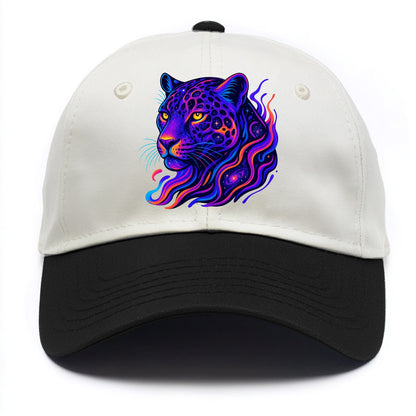 Powerful jaguar with rosettes containing miniature galaxies, cosmic purple and - Two Tone Cap - Black