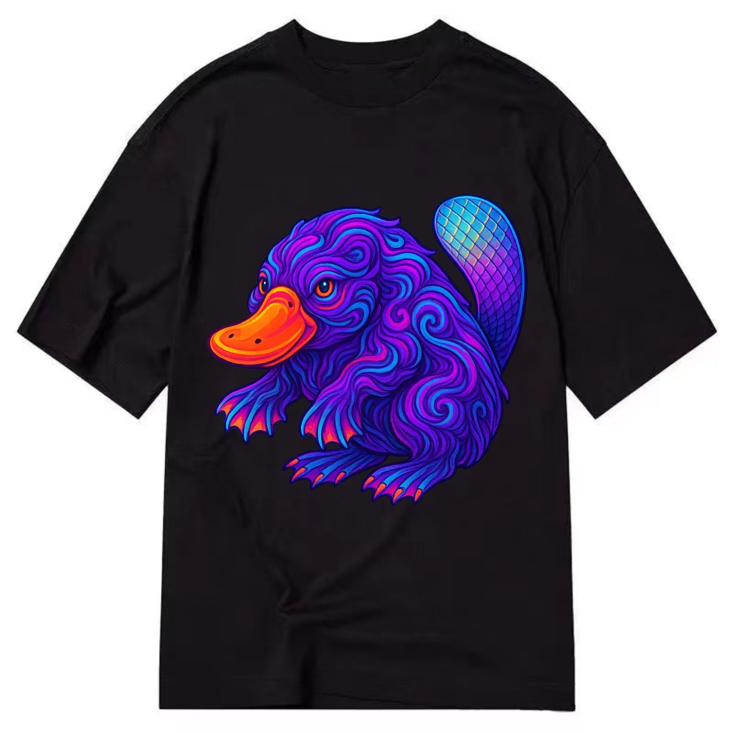 Quirky platypus with bill glowing in neon orange, beaver tail with holographic - Classic T-shirt - Black