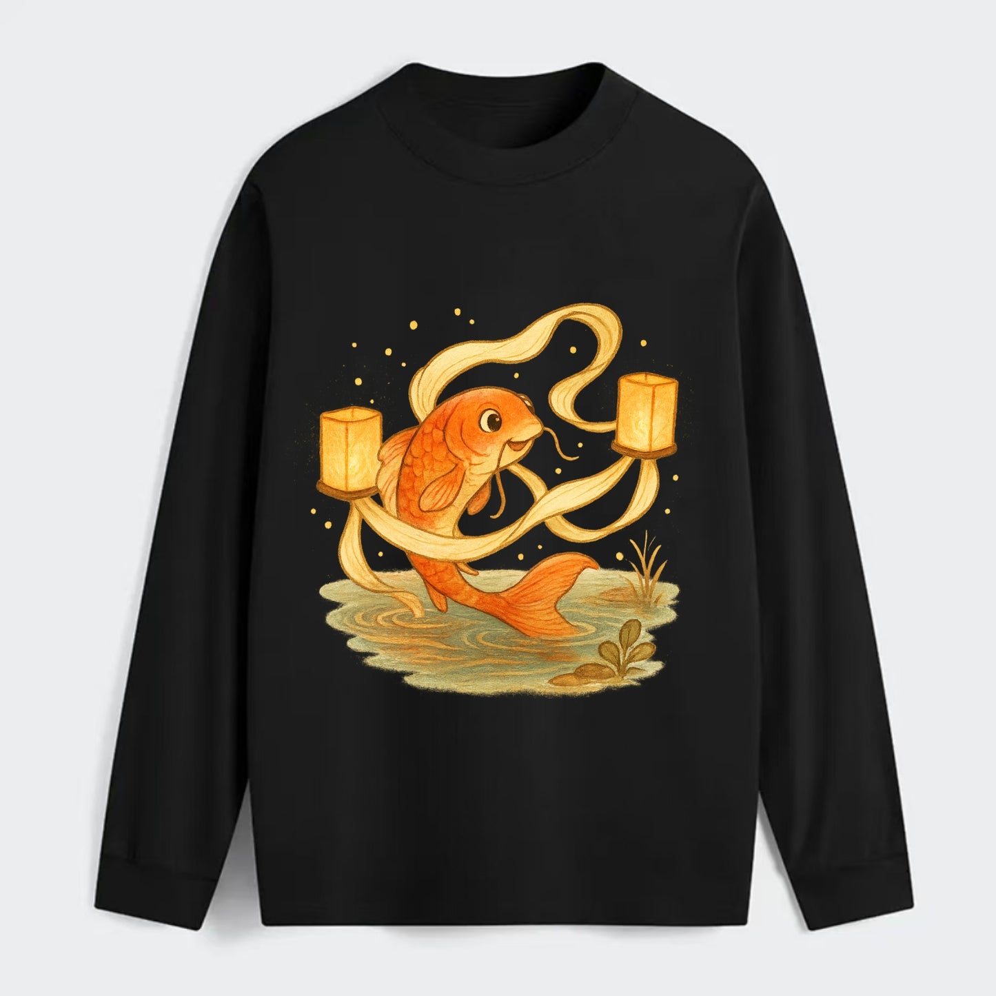 Koi weaving silk streamers through floating lanterns on tranquil water - Classic Long Sleeve Shirt - Black