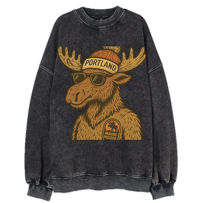Maine Moose wearing Portland beanie with pom pom and wayfarer sunglasses - Vintage Sweatshirt - Black