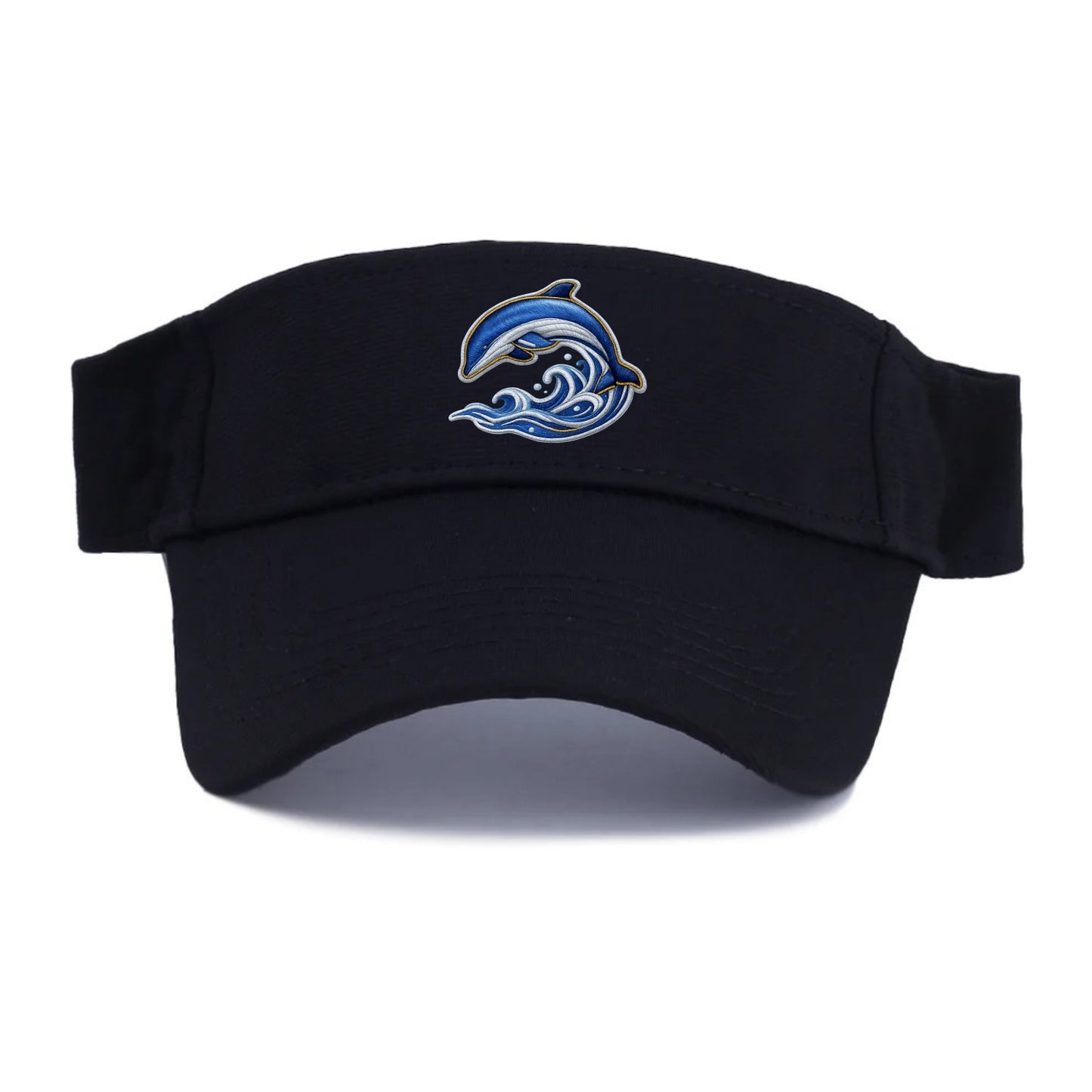 Embroidered patch design - SWIMMING DOLPHIN - diving dolphin with waves in blue and silver - Visor - Black