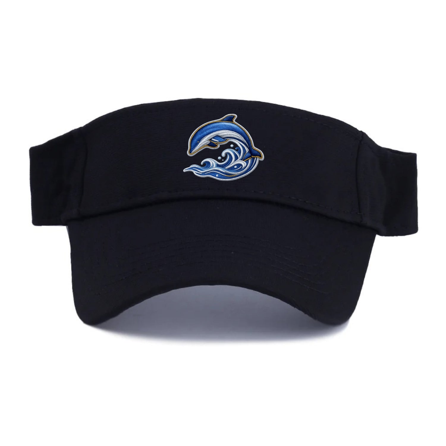 Embroidered patch design - SWIMMING DOLPHIN - diving dolphin with waves in blue and silver - Visor - Black