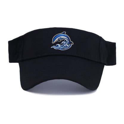 Embroidered patch design - SWIMMING DOLPHIN - diving dolphin with waves in blue and silver - Visor - Black