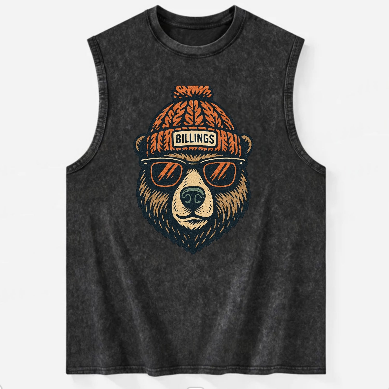 Montana Grizzly Bear wearing Billings beanie with pom pom and wayfarer - Vintage Washed Tank - Black