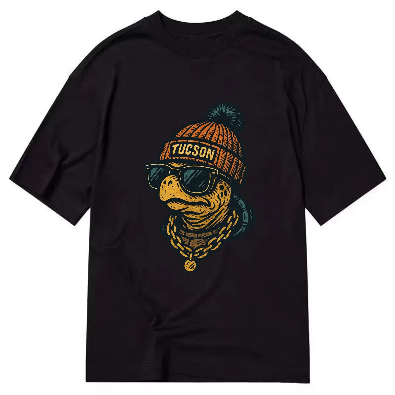 Tucson Desert Tortoise wearing Tucson beanie with pom pom and wayfarer sunglasses - Classic T-shirt - Black