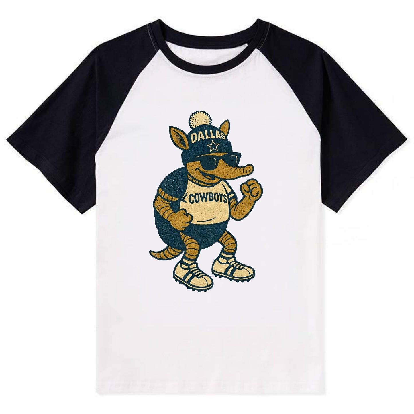 Dallas Armadillo wearing Cowboys beanie with lone star patch and wayfarer - Contrast Raglan T-shirt - Black