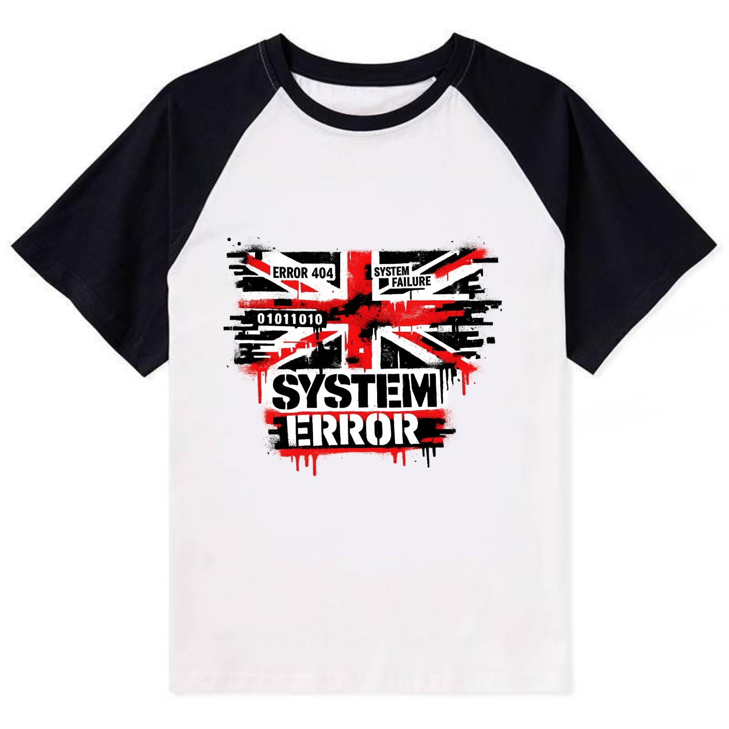 SYSTEM ERROR | Glitch Union Jack pattern | Digital corruption effect | - Contrast Raglan T-shirt - Black