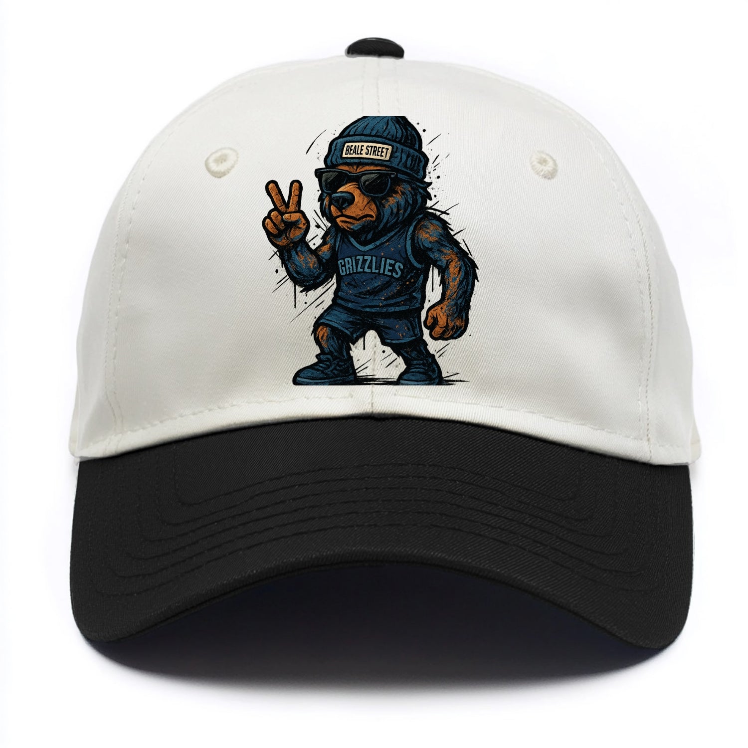 Memphis Grizzly Bear wearing Grizzlies navy and light blue beanie with Beale Street - Two Tone Cap - Black
