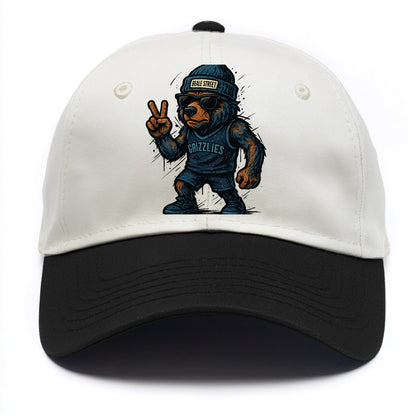 Memphis Grizzly Bear wearing Grizzlies navy and light blue beanie with Beale Street - Two Tone Cap - Black