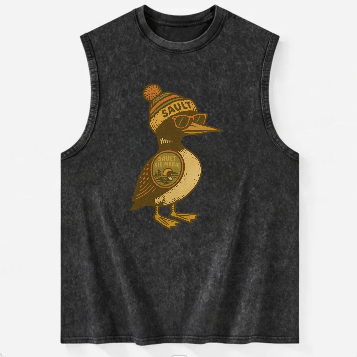 Sault Ste Marie Loon wearing Sault beani - Vintage Washed Tank - Black
