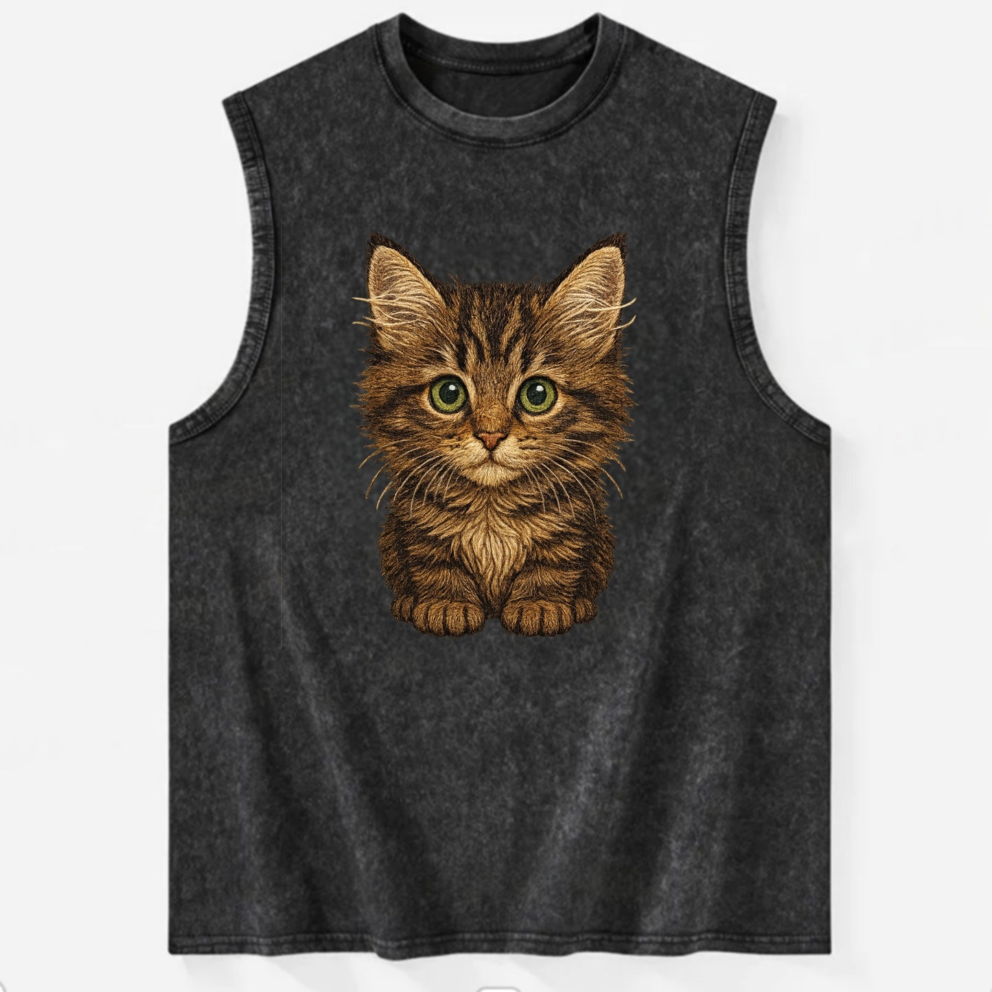 Baby Maine Coon Kitten - large fluffy tabby, tufted ears, big green eyes, - Vintage Washed Tank - Black