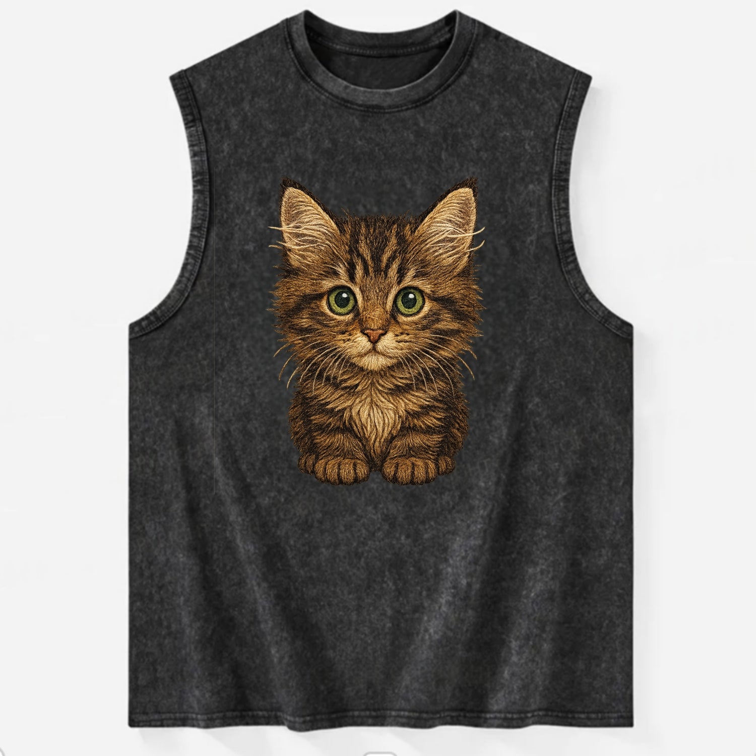 Baby Maine Coon Kitten - large fluffy tabby, tufted ears, big green eyes, - Vintage Washed Tank - Black