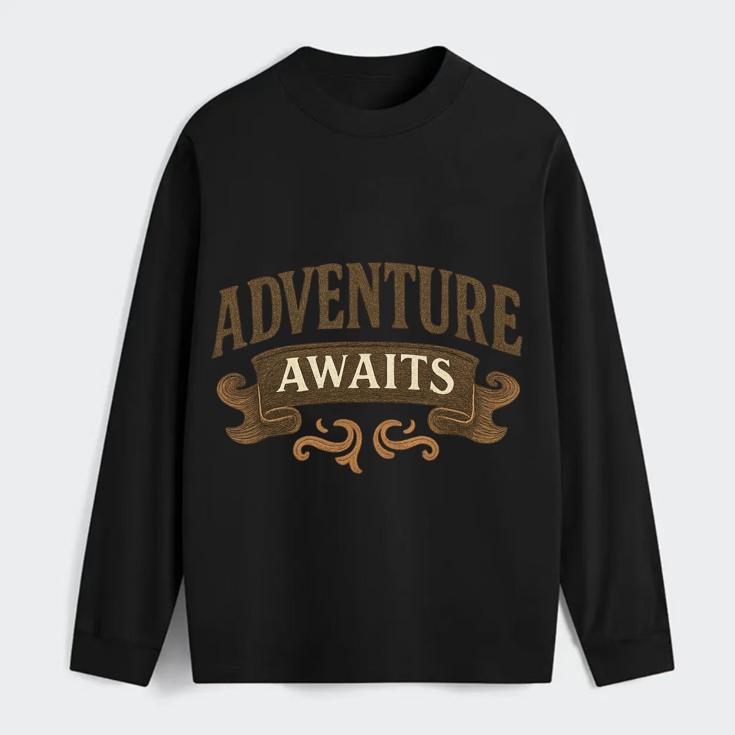 Bold typography design - "ADVENTURE AWAITS" - excitement ahead, ready - Classic Long Sleeve Shirt - Black
