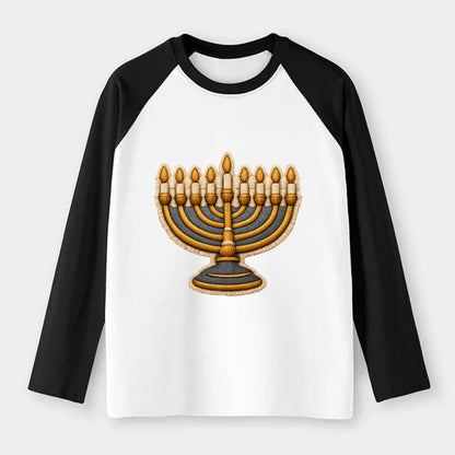 MENORAH LIGHTS - nine branch candelabra in gold and blue , Hanukkah - Raglan Long Sleeve T-Shirt - Black