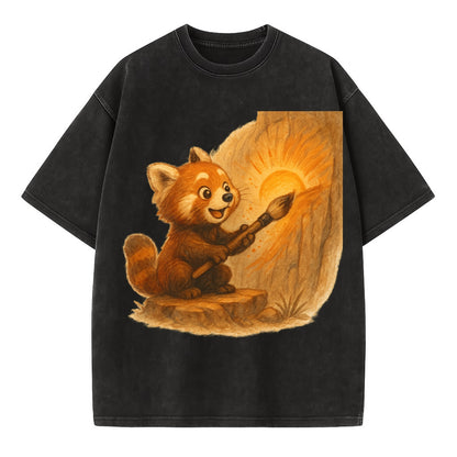 Red panda painting a sunrise mural with an oversized calligraphy brush on a cliff - Vintage T-shirt - Black