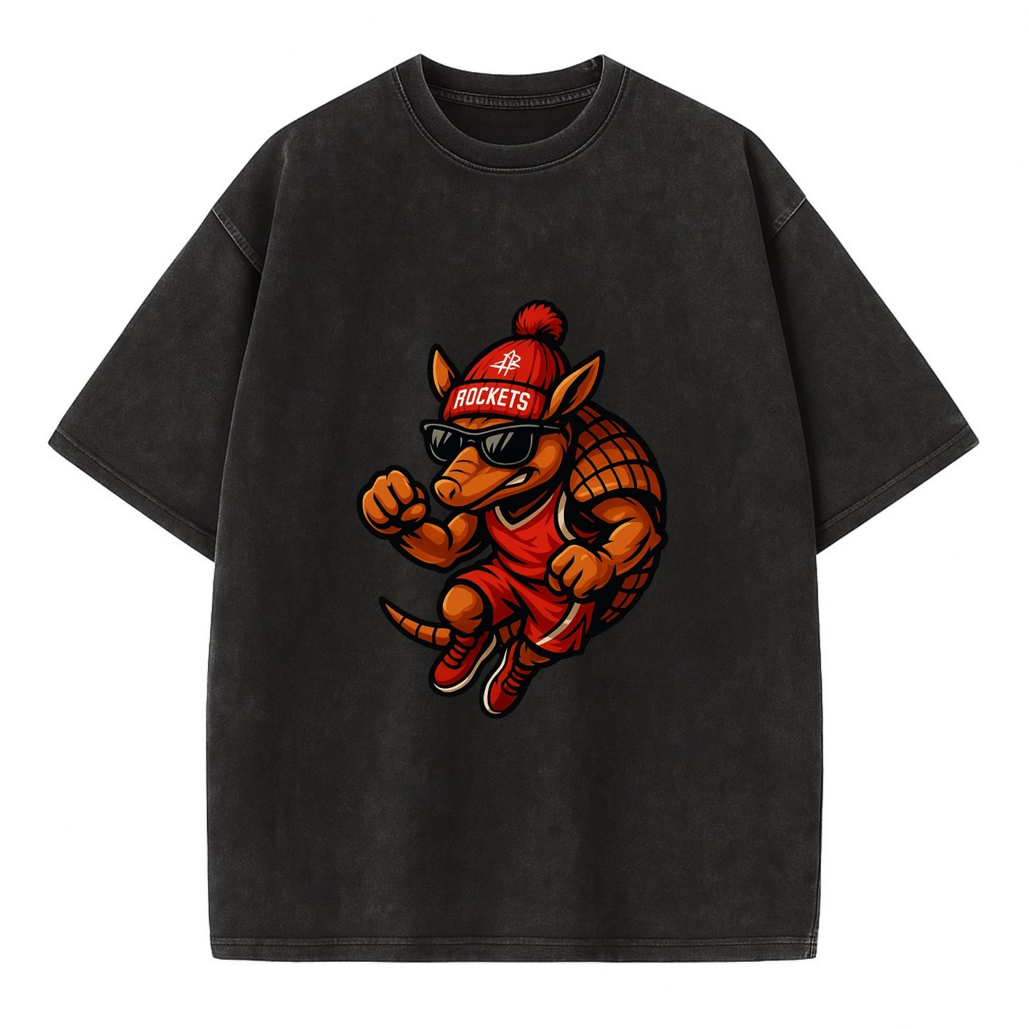 Houston Armadillo wearing Rockets red and silver beanie with rocket ship and - Vintage T-shirt - Black