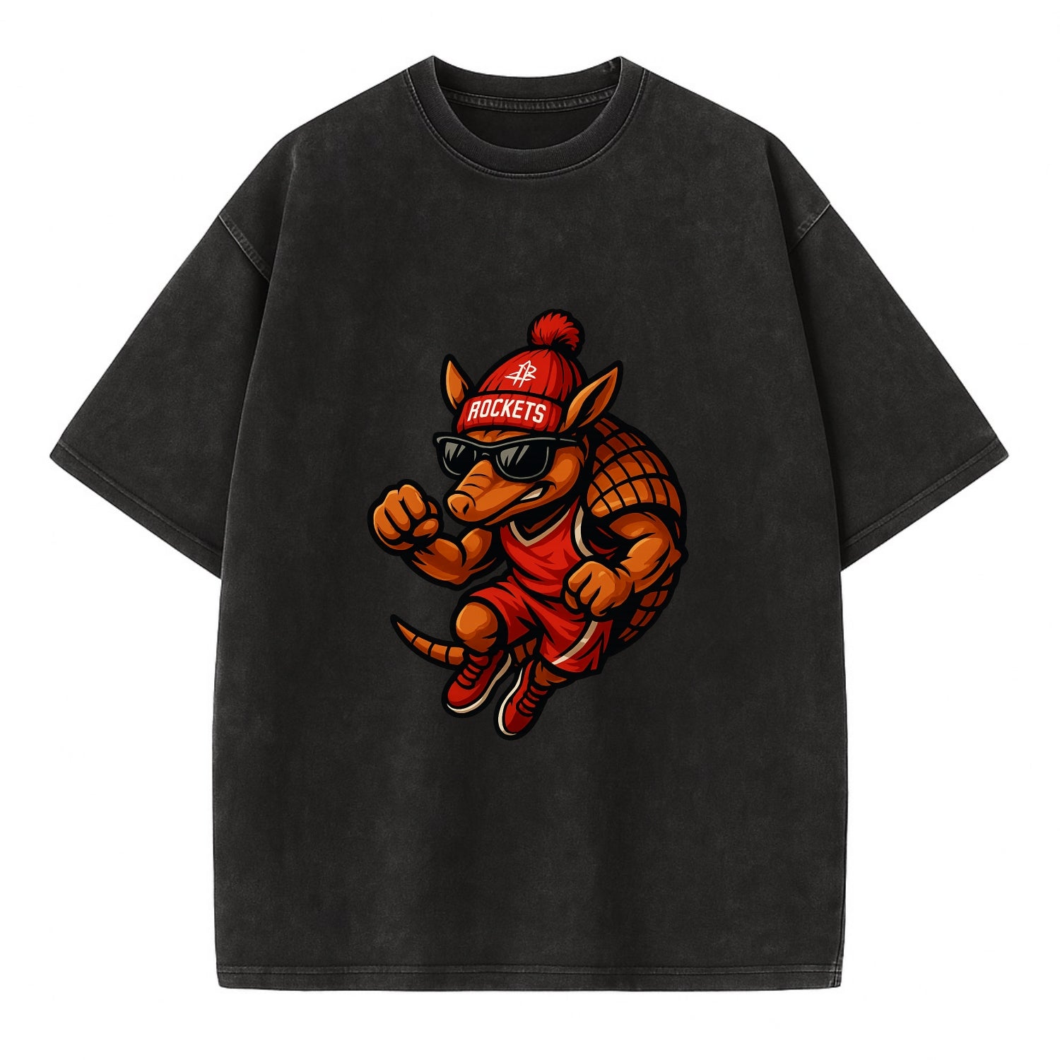 Houston Armadillo wearing Rockets red and silver beanie with rocket ship and - Vintage T-shirt - Black