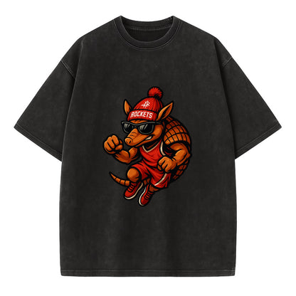 Houston Armadillo wearing Rockets red and silver beanie with rocket ship and - Vintage T-shirt - Black
