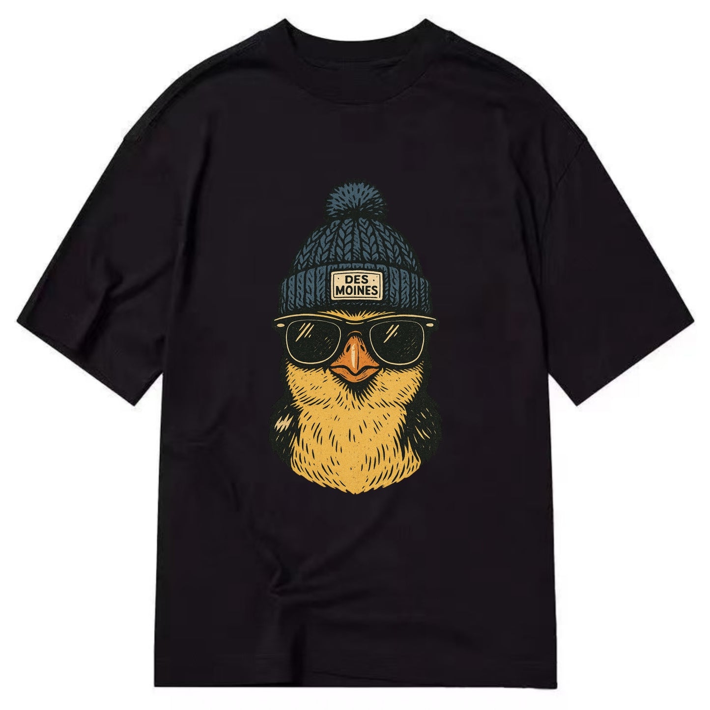 Iowa Goldfinch wearing Des Moines beanie with pom pom and wayfarer sunglasses - Classic T-shirt - Black