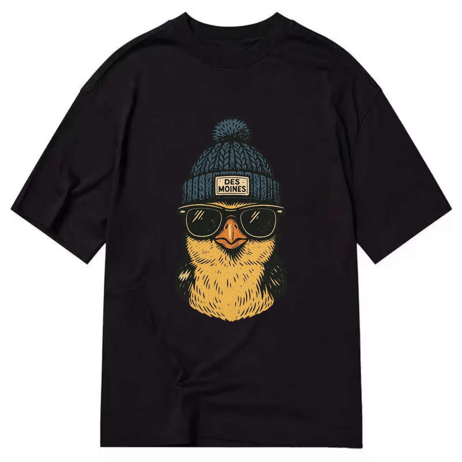 Iowa Goldfinch wearing Des Moines beanie with pom pom and wayfarer sunglasses - Classic T-shirt - Black