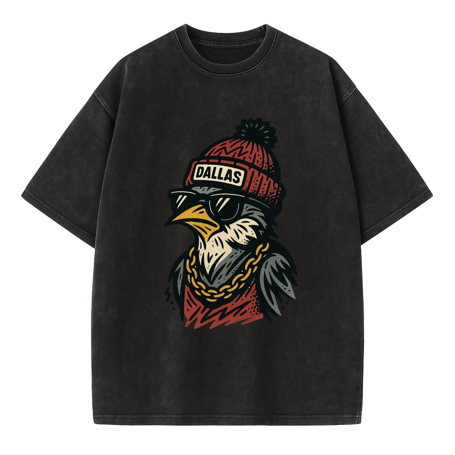 Dallas Mockingbird wearing Dallas beanie with pom pom and wayfarer sunglasses - Vintage T-shirt - Black