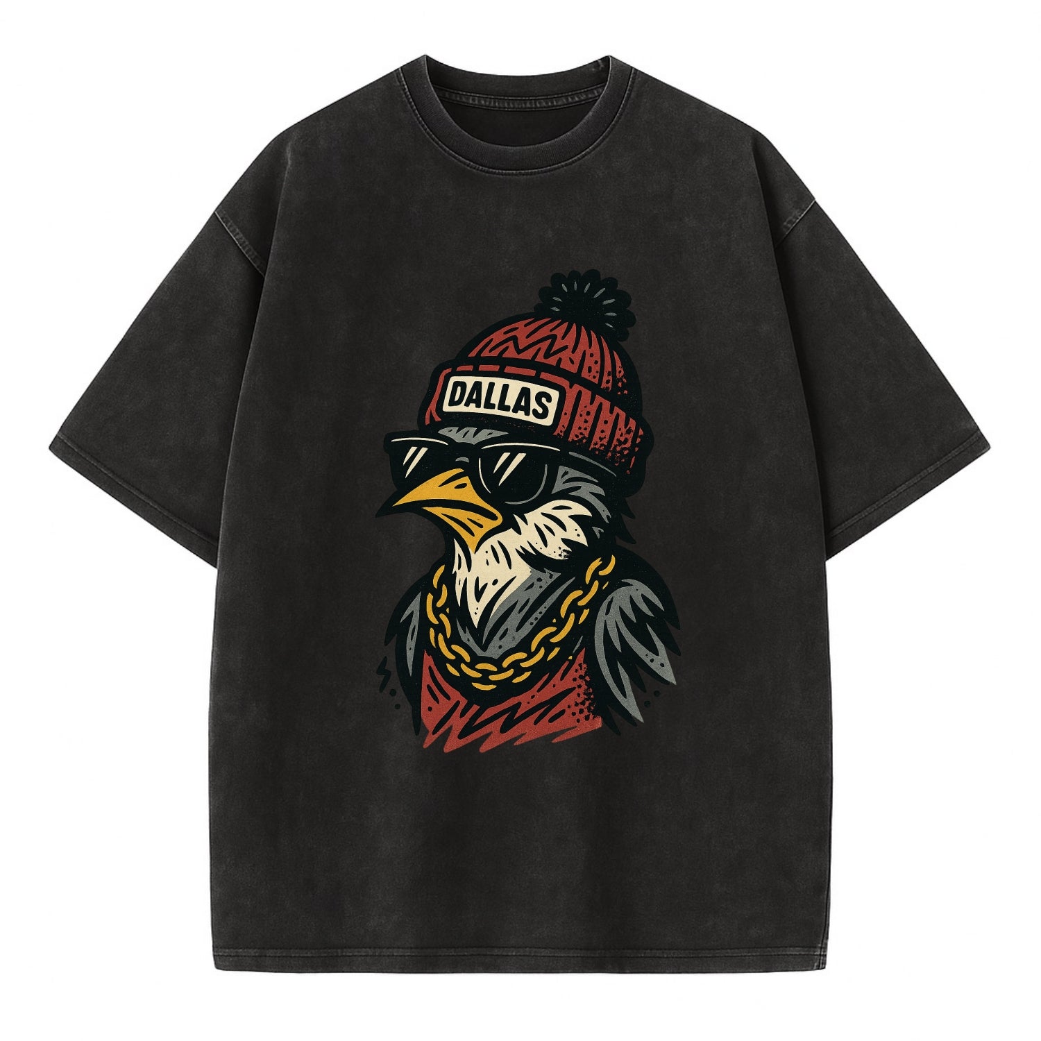 Dallas Mockingbird wearing Dallas beanie with pom pom and wayfarer sunglasses - Vintage T-shirt - Black