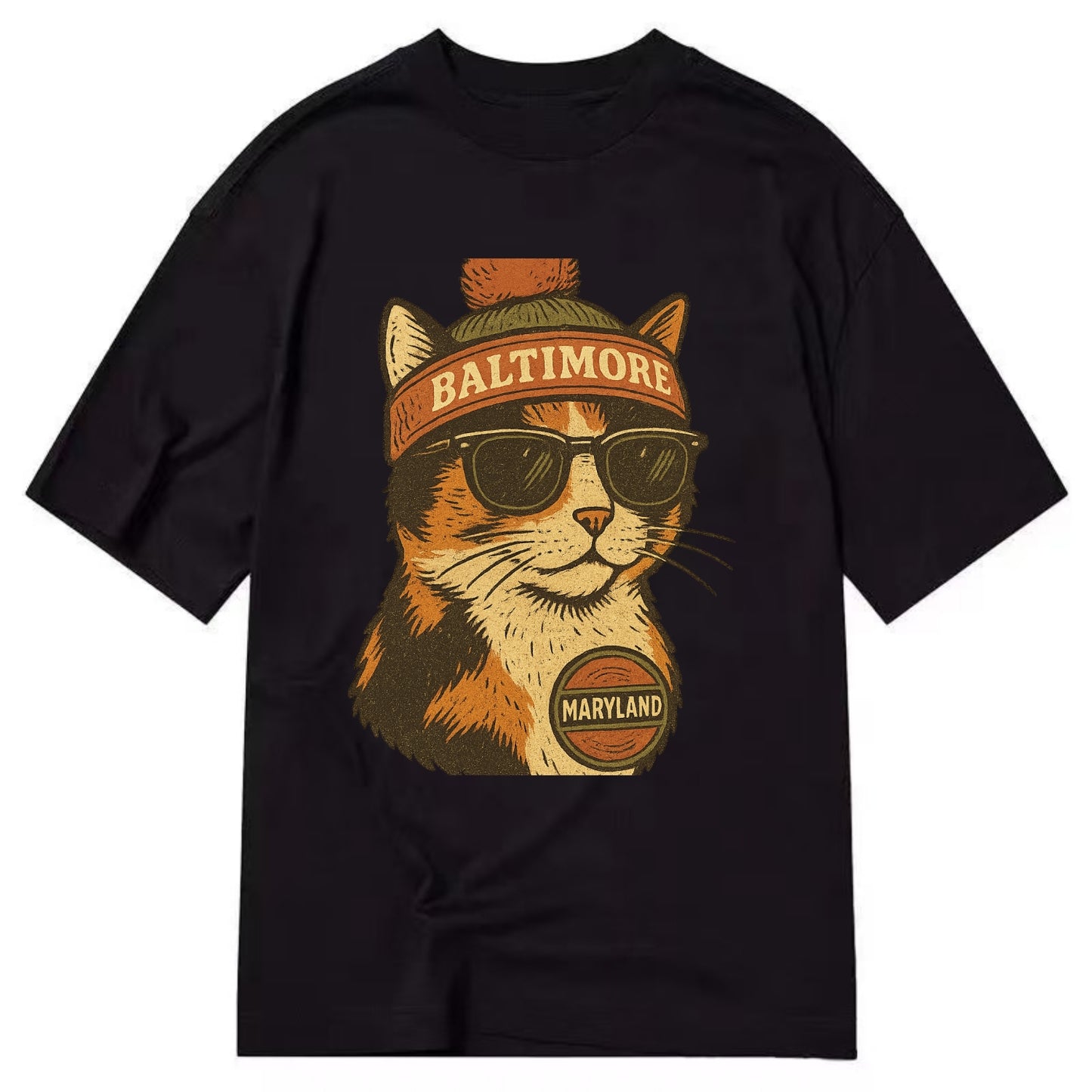 Maryland Calico Cat wearing Baltimore beanie with pom pom and wayfarer sunglasses - Classic T-shirt - Black