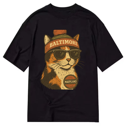 Maryland Calico Cat wearing Baltimore beanie with pom pom and wayfarer sunglasses - Classic T-shirt