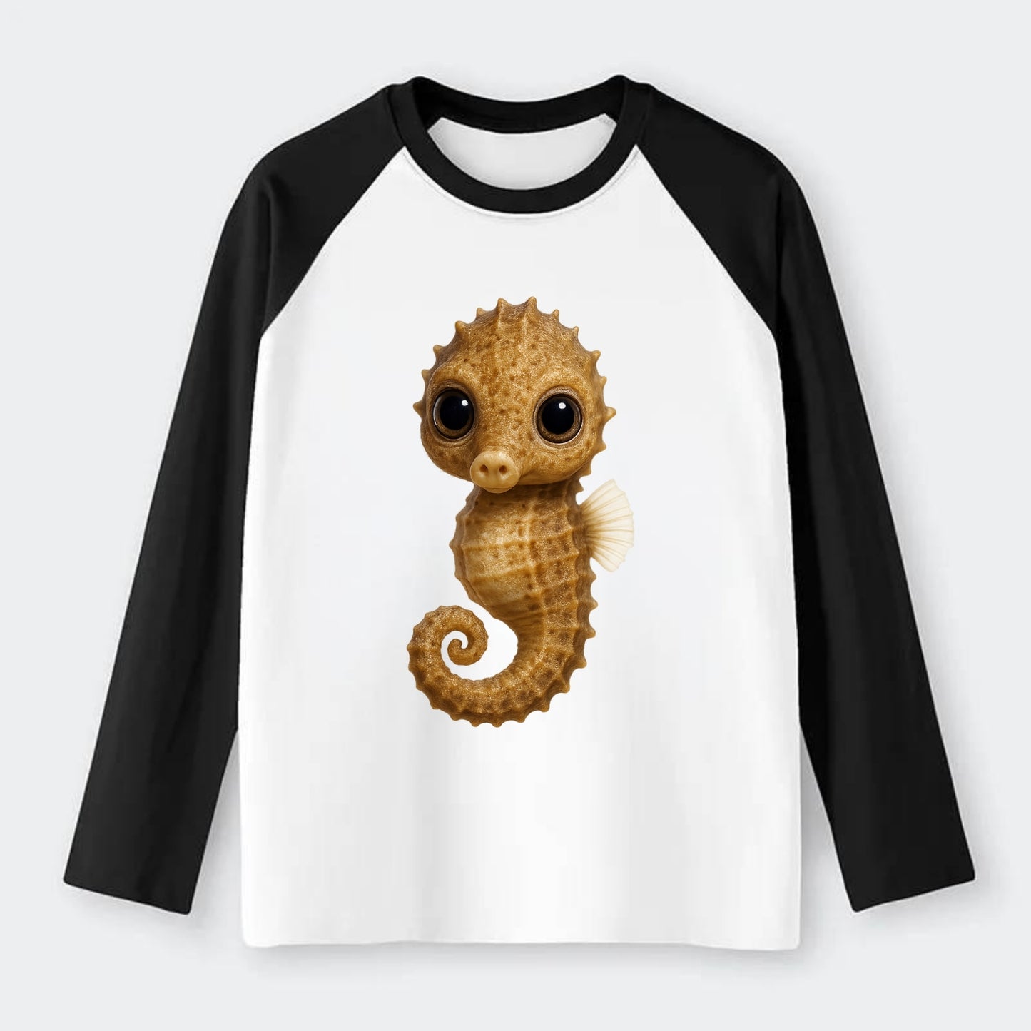 Baby Seahorse - curled tail, snout, large eyes, front-facing, delicate - Raglan Long Sleeve T-Shirt - Black