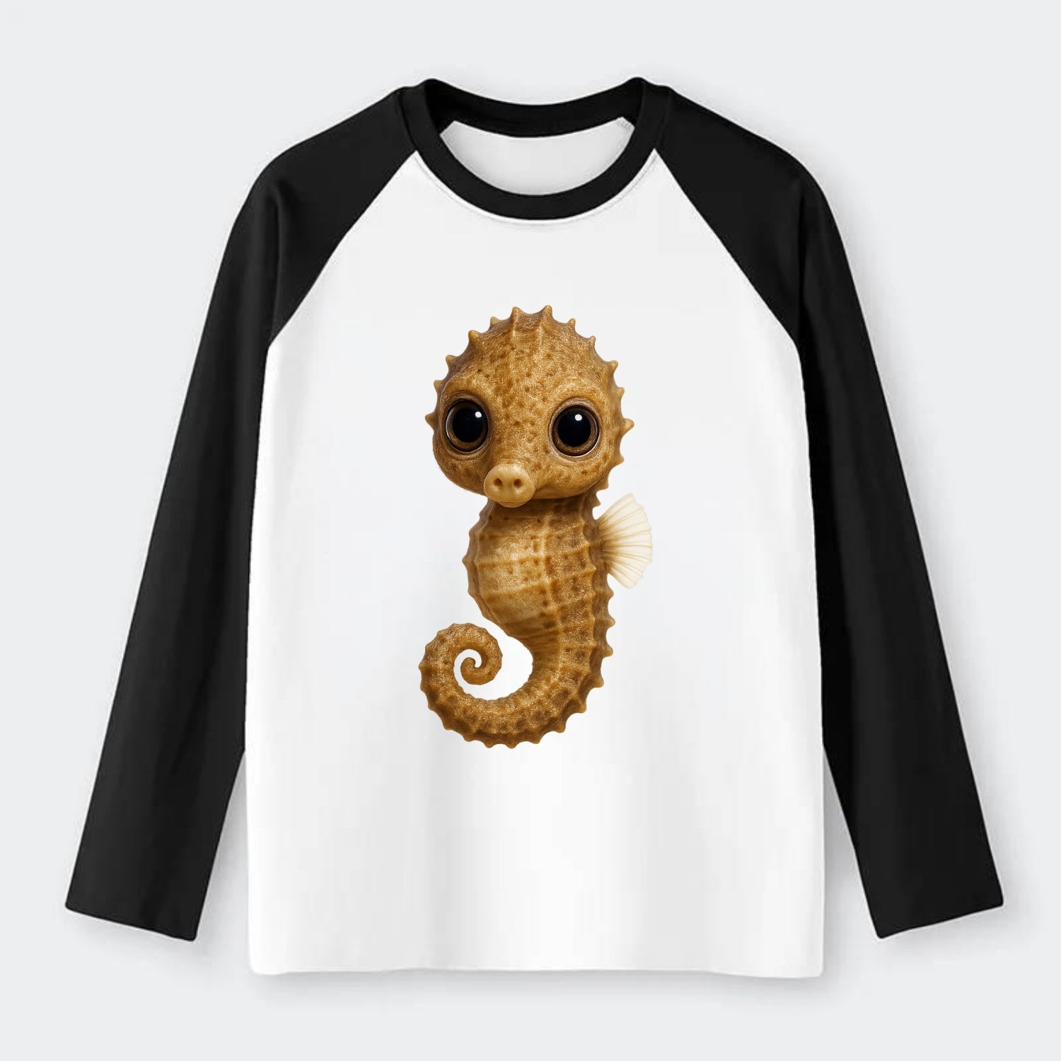 Baby Seahorse - curled tail, snout, large eyes, front-facing, delicate - Raglan Long Sleeve T-Shirt - Black